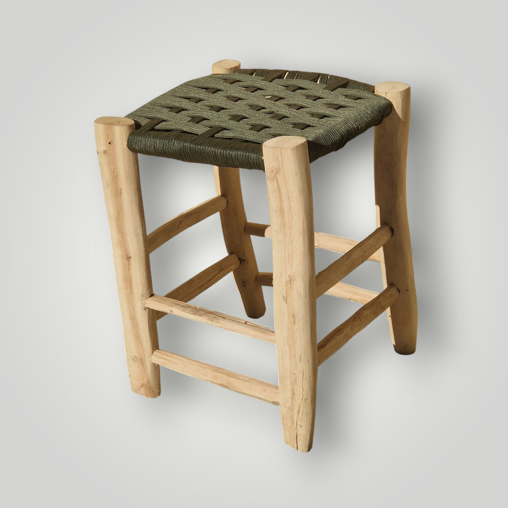 Tabouret marocain berbère fait main Assise tressée en nylon kaki