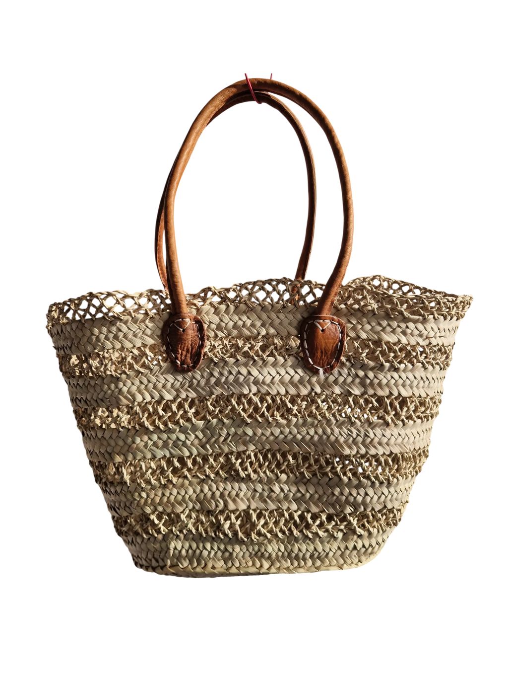 Panier en feuille de palmier artisanal marocain, design ajouré avec anses cuir. Idéal comme cabas de marché, sac de plage ou panier bohème chic.