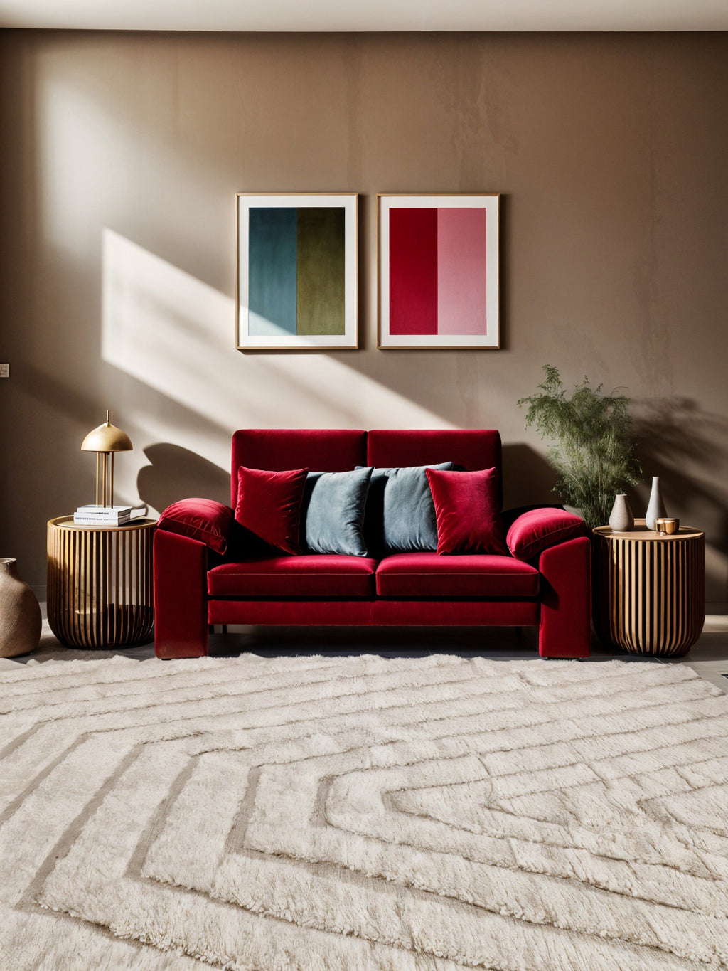 Tapis traditionnel marocain, 2m par 3m, beige avec des dessins géométriques en relief, épais, tissé à la main