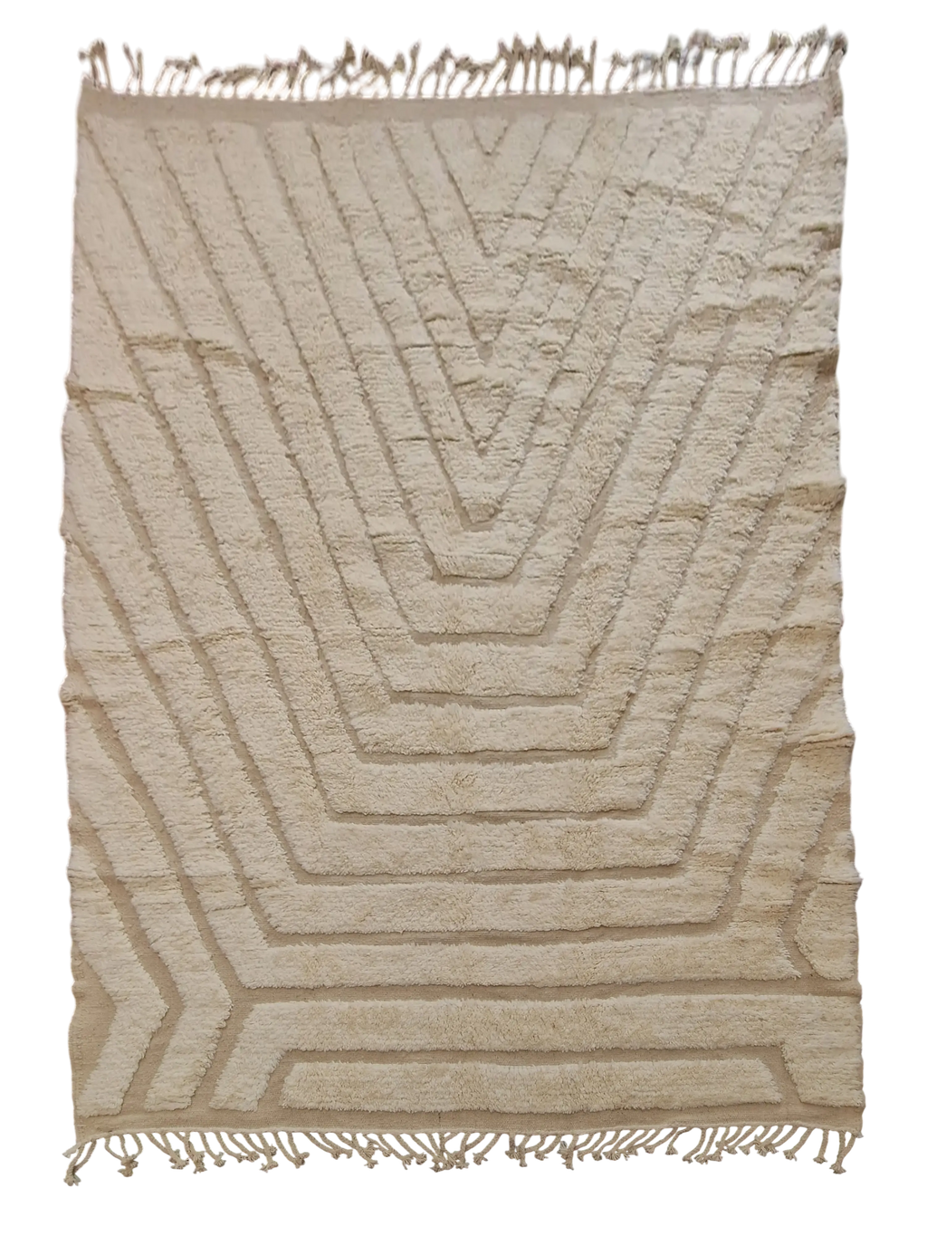 Tapis traditionnel marocain, 2m par 3m, beige avec des dessins géométriques en relief, épais, tissé à la main