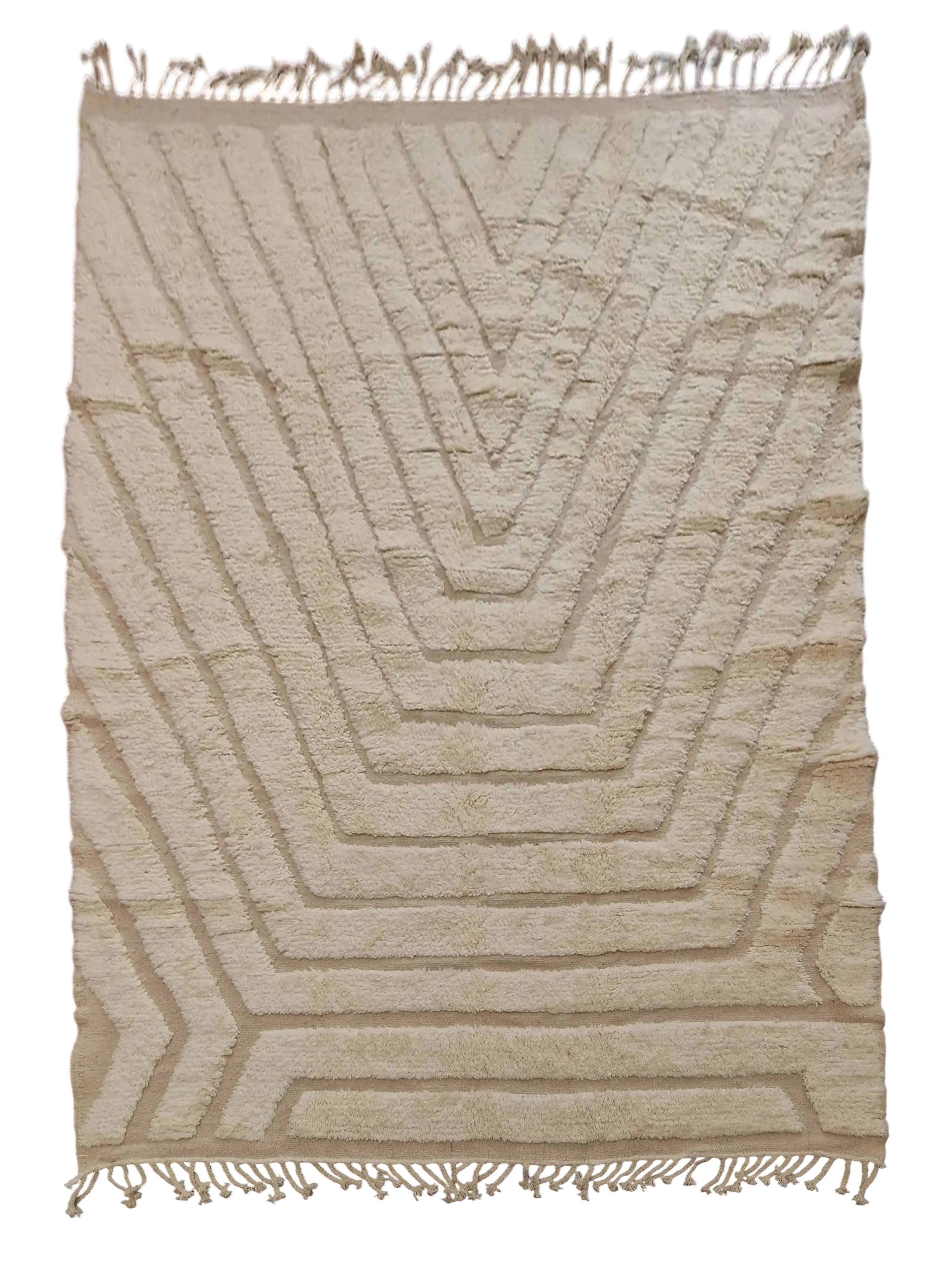 Tapis traditionnel marocain, 2m par 3m, beige avec des dessins géométriques en relief, épais, tissé à la main