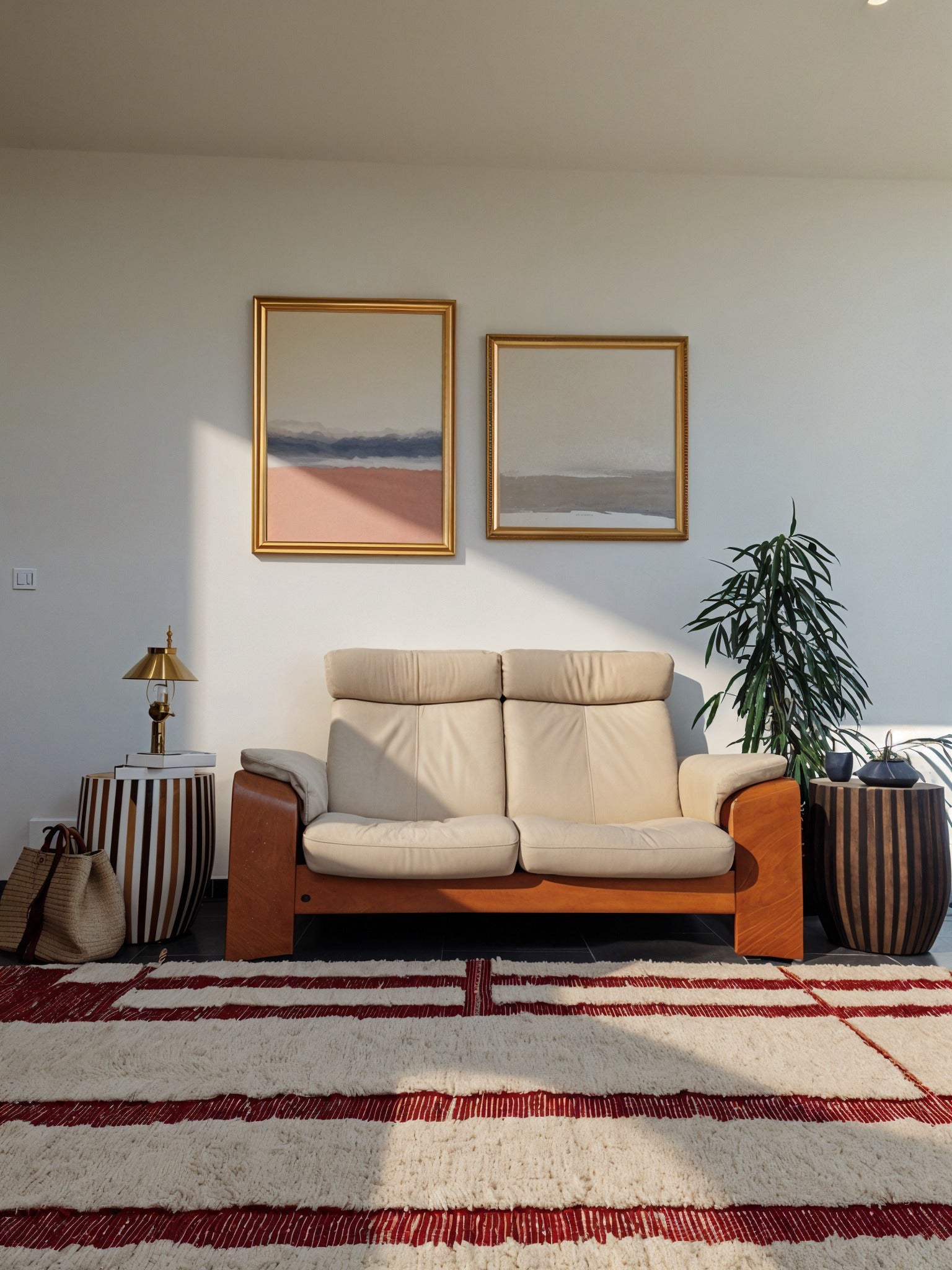 Tapis berbère beni ouarain noué à la main par des artisans marocains, aux motifs géométriques rouge en relief,