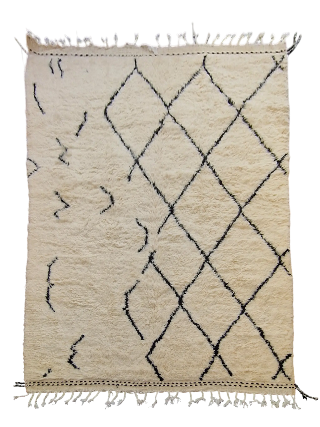 Tapis traditionnel marocain, Béni Ouarain blanc et noir  210 x 304 cm, 100% laine, tissé à la main, motif modern et déstructurés, idéal pour un salon, un bureau,  une chambre, une grande pièce