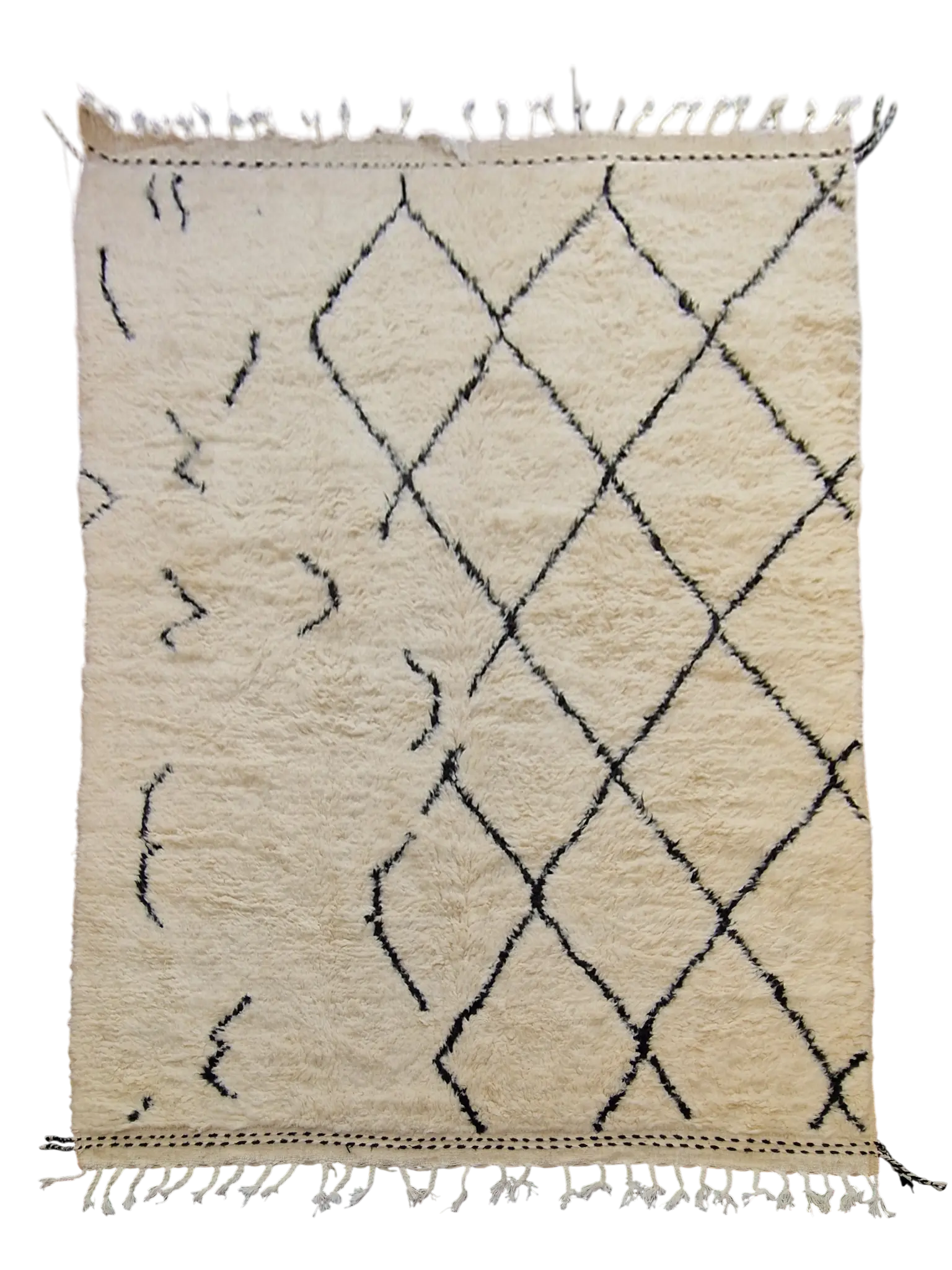 Tapis traditionnel marocain, Béni Ouarain blanc et noir  210 x 304 cm, 100% laine, tissé à la main, motif modern et déstructurés, idéal pour un salon, un bureau,  une chambre, une grande pièce