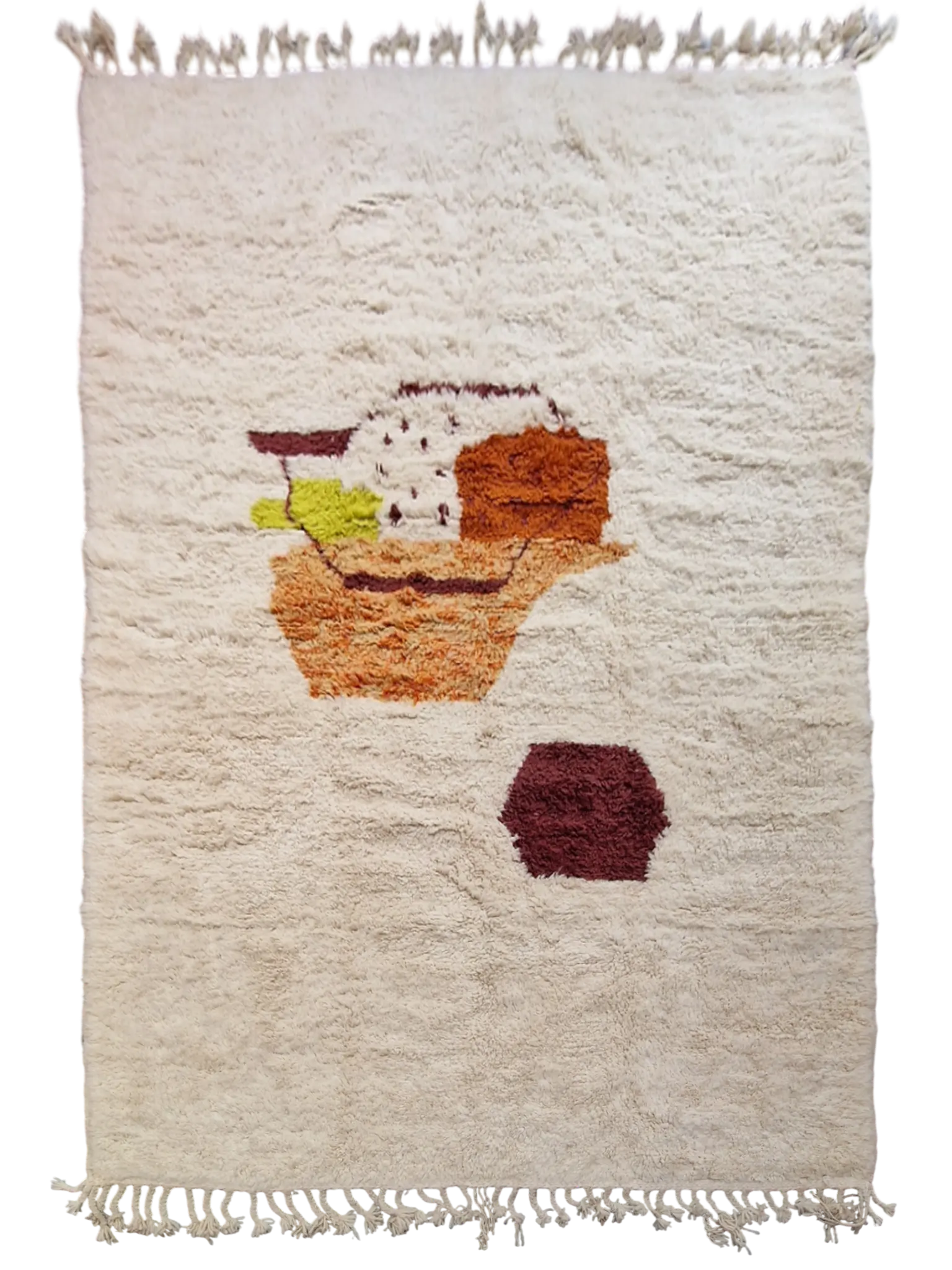 Tapis berbère Beni Ouarain authentique en laine naturelle, noué à la main au Maroc. Pièce unique, épaisse, douce et chaleureuse. Idéal pour salon, chambre ou bureau.