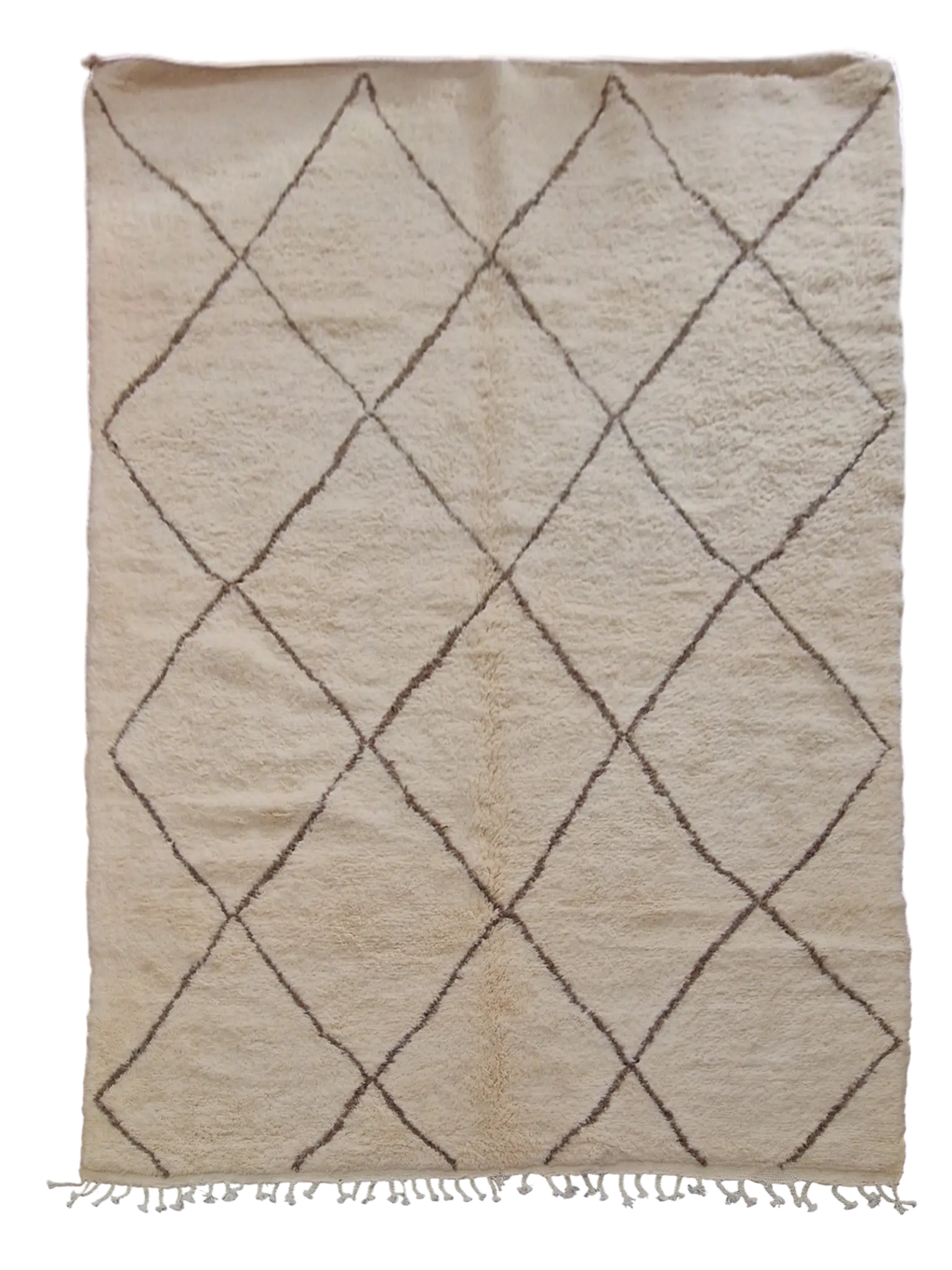 Authentique Tapis berbère Béni Ouarain blanc avec des losange brun  189 x 295 cm en laine, fait main au Maroc dans l'atlas