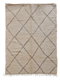 Authentique Tapis berbère Béni Ouarain blanc avec des losange brun  189 x 295 cm en laine, fait main au Maroc dans l'atlas