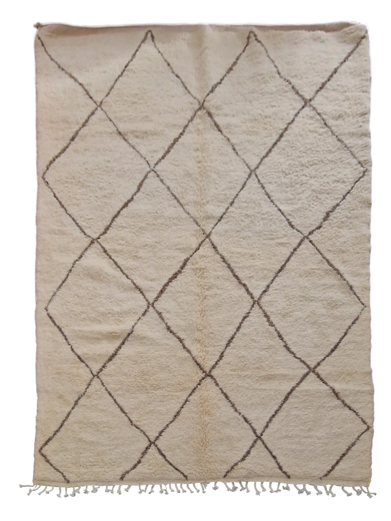Authentique Tapis berbère Béni Ouarain blanc avec des losange brun  189 x 295 cm en laine, fait main au Maroc dans l'atlas