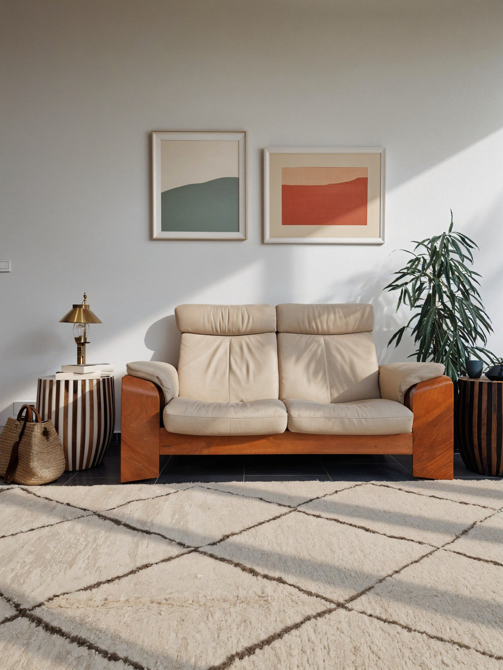 Authentique Tapis berbère Béni Ouarain blanc avec des losange brun  189 x 295 cm en laine, fait main au Maroc dans l'atlas