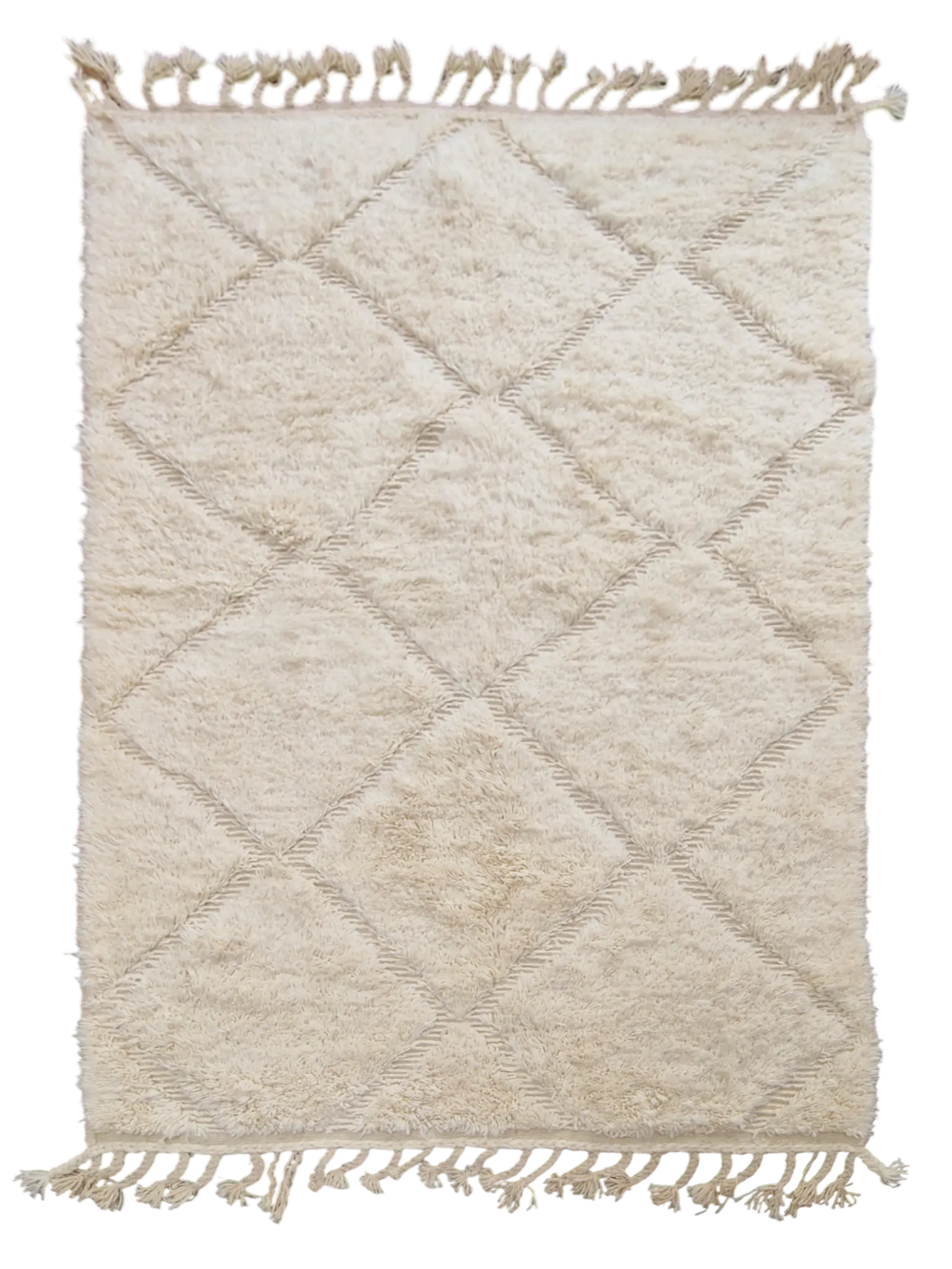 Tapis berbère Beni Ouarain en laine naturelle, tissé à la main au Maroc. Motifs en relief, douceur épaisse et charme artisanal. Pièce unique et chaleureuse.