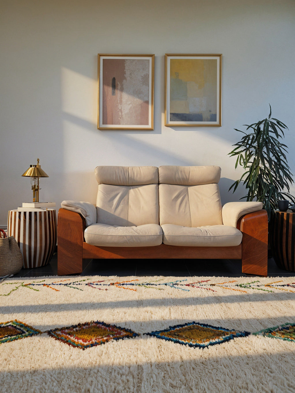 tapis traditionnel berbère de la tribu beni ouarain, ivoire avec des motifs graphiques colorés, 100% laine naturelle, épais, fait main au Maroc