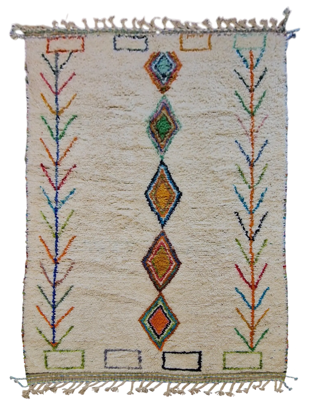 tapis traditionnel berbère de la tribu beni ouarain, ivoire avec des motifs graphiques colorés, 100% laine naturelle, épais, fait main au Maroc