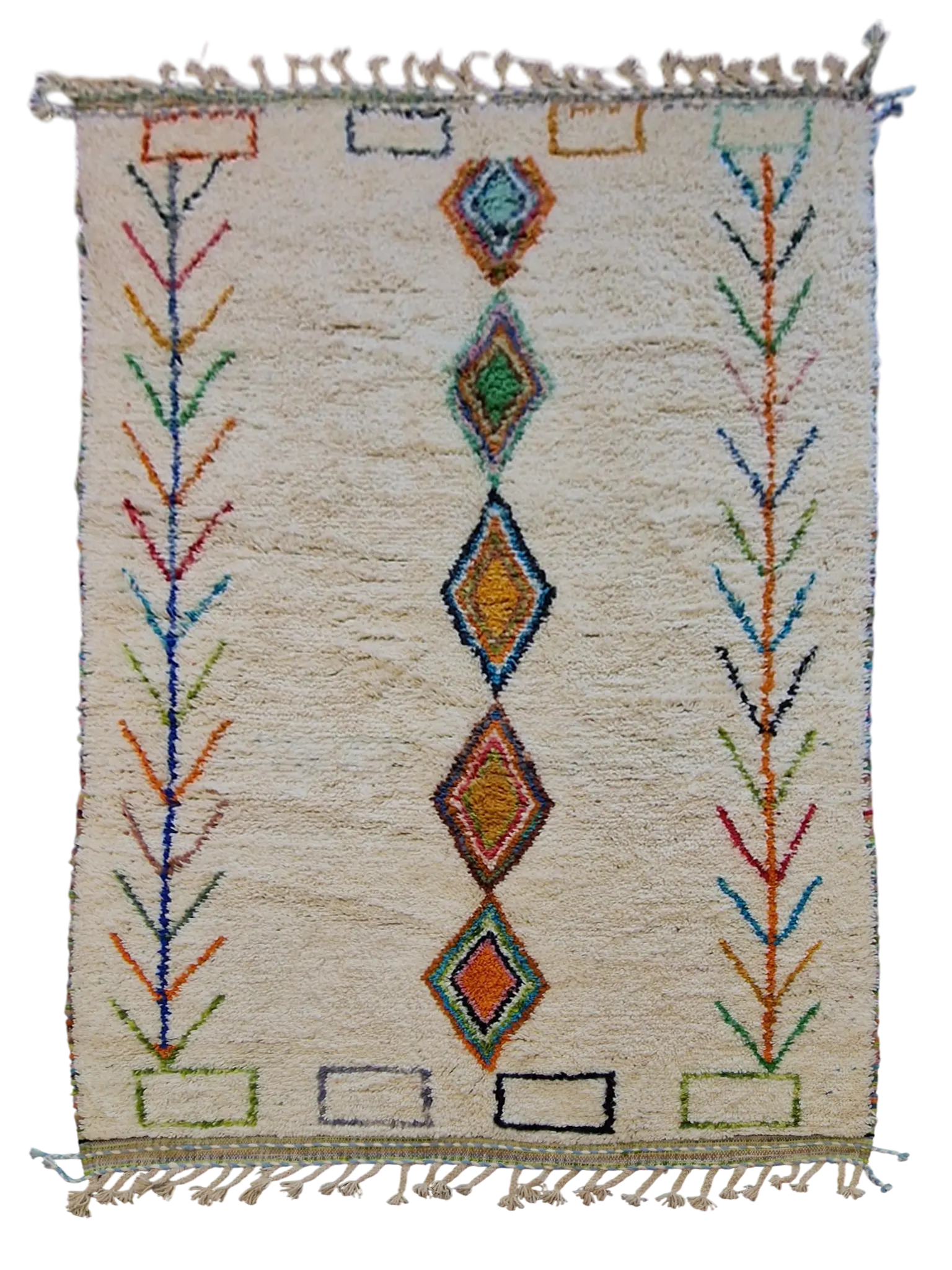 tapis traditionnel berbère de la tribu beni ouarain, ivoire avec des motifs graphiques colorés, 100% laine naturelle, épais, fait main au Maroc