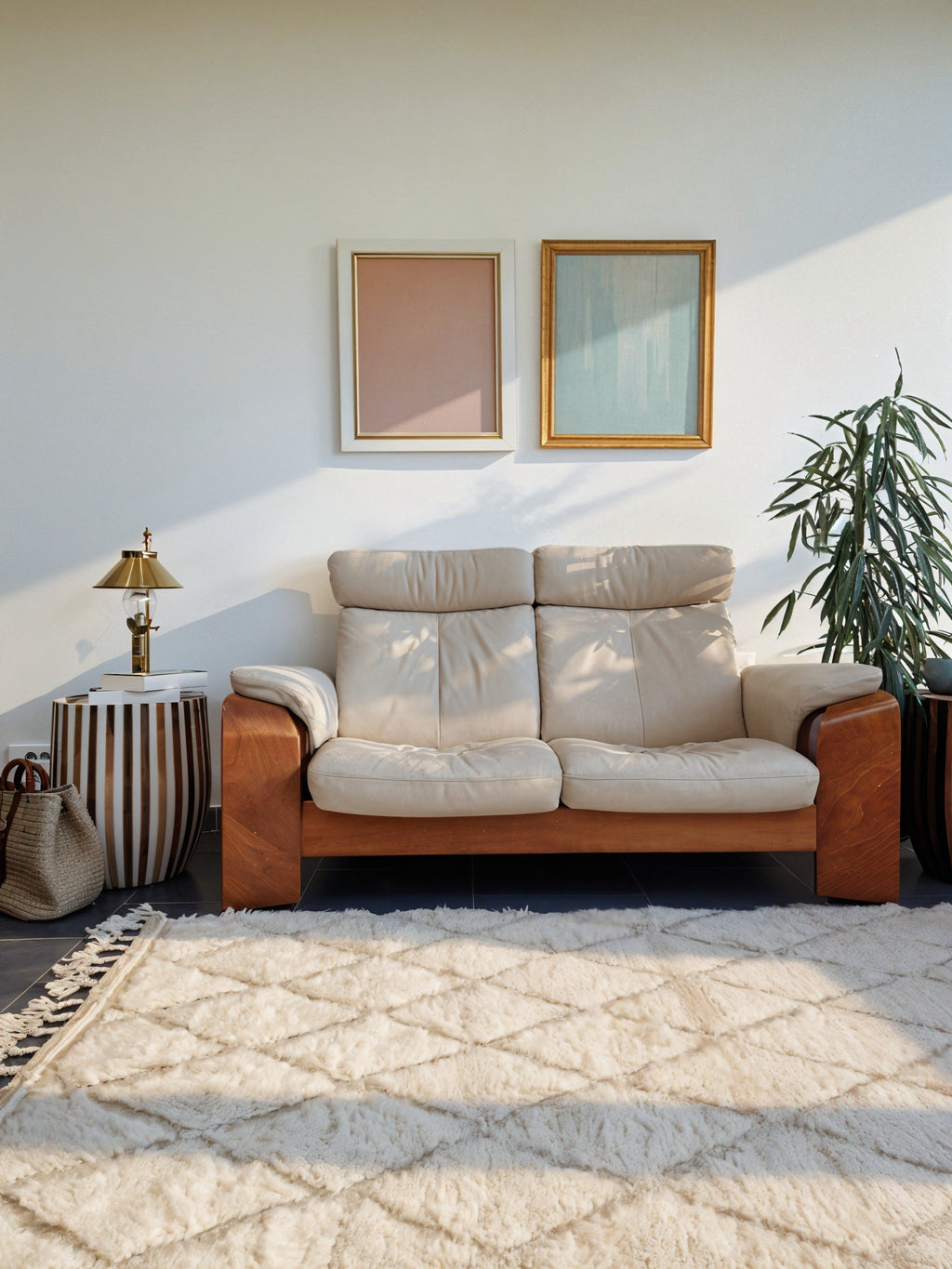 Tapis traditionnel marocain, de la tribu Beni Ouarain, beige ivoire, aux motifs de losange en relief, fait à la main, 100% en laine naturelle