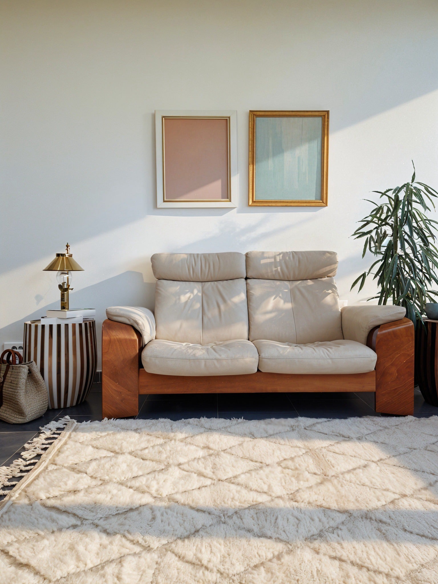 Tapis traditionnel marocain, de la tribu Beni Ouarain, beige ivoire, aux motifs de losange en relief, fait à la main, 100% en laine naturelle