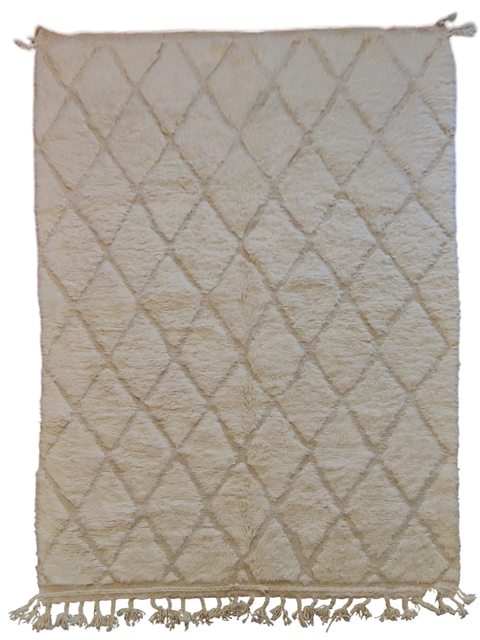 Tapis traditionnel marocain, de la tribu Beni Ouarain, beige ivoire, aux motifs de losange en relief, fait à la main, 100% en laine naturelle
