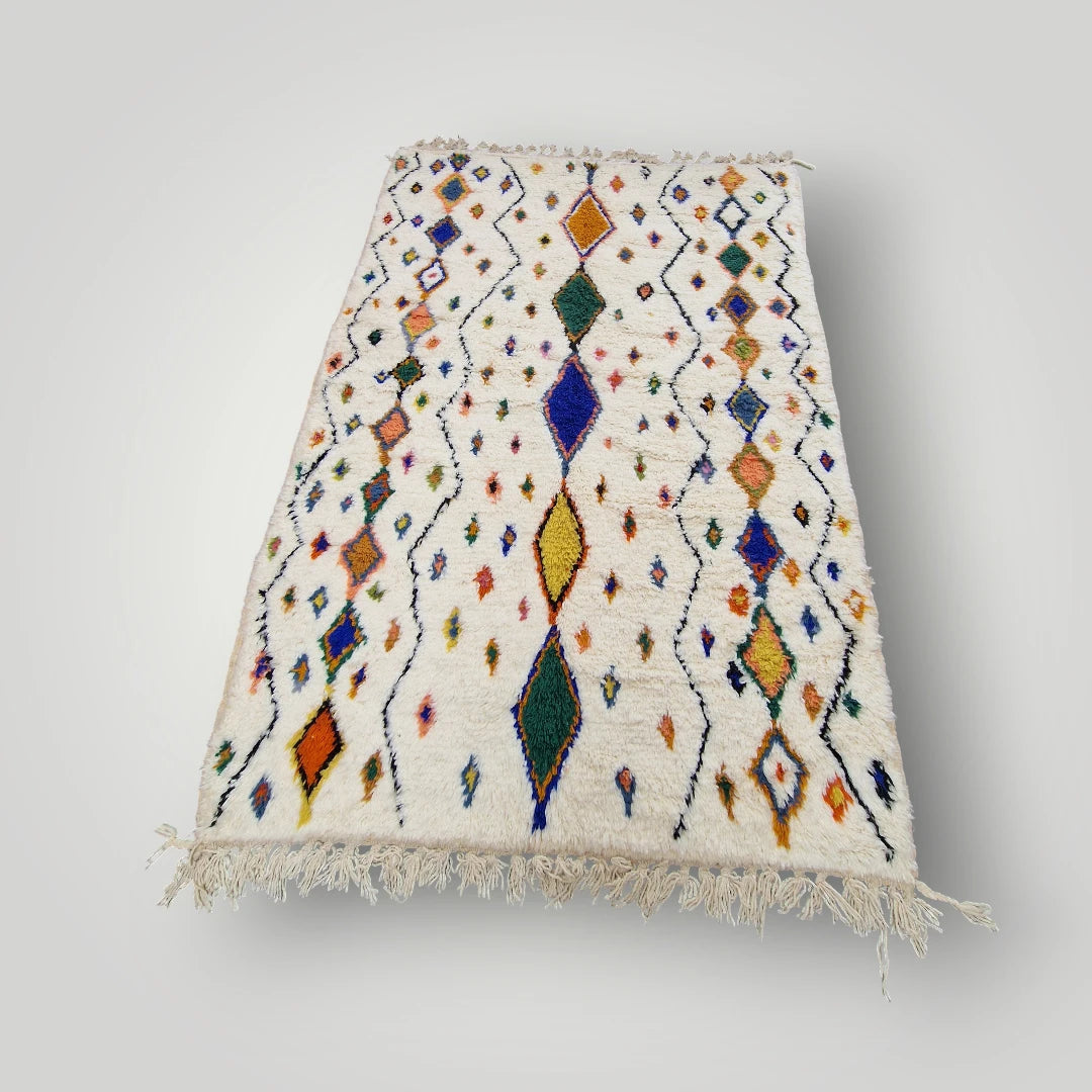 Tapis Béni Ouarain coloré 160 x 246 cm 100% laine, fait main, tapis traditionnel berbère de l'atlas marocain, pour un Style chic & naturel