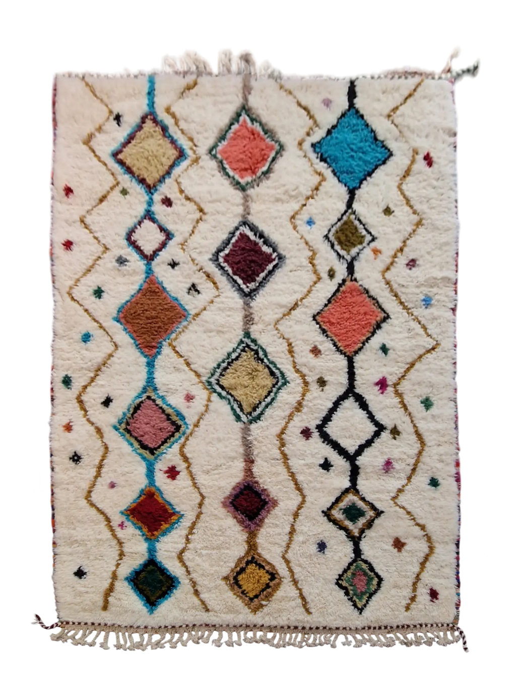 Tapis traditionnel marocain tissé et noué à la main, en pur laine. Aux dessins et couleurs de style Azilal.