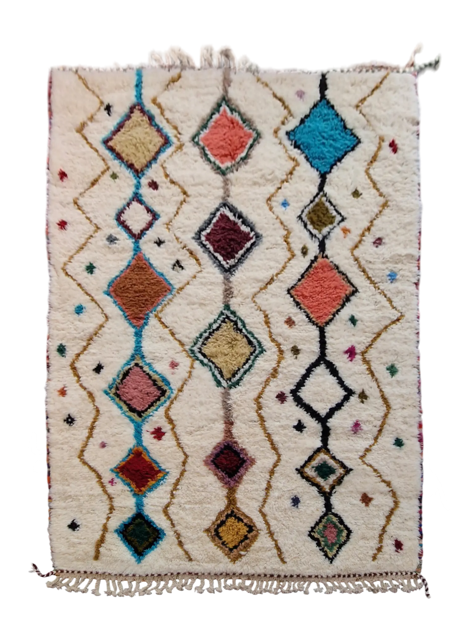 Tapis traditionnel marocain tissé et noué à la main, en pur laine. Aux dessins et couleurs de style Azilal.