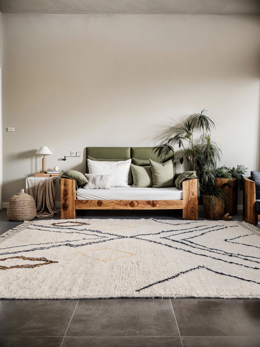 Tapis berbère beni ouarain en laine naturelle, tissé à la main au Maroc. Motifs colorés, douceur épaisse et charme artisanal. Pièce unique et chaleureuse.