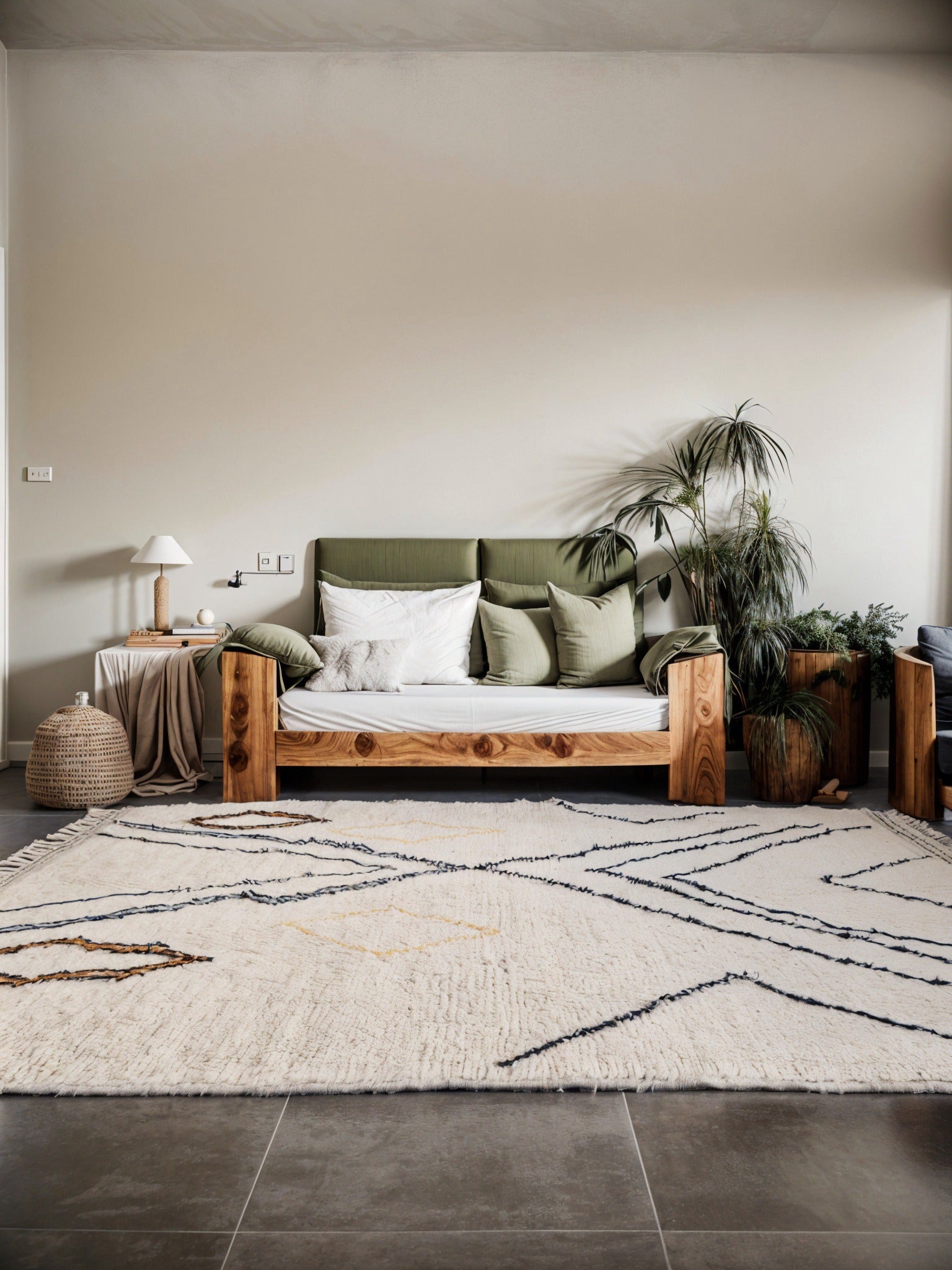 Tapis berbère beni ouarain en laine naturelle, tissé à la main au Maroc. Motifs colorés, douceur épaisse et charme artisanal. Pièce unique et chaleureuse.