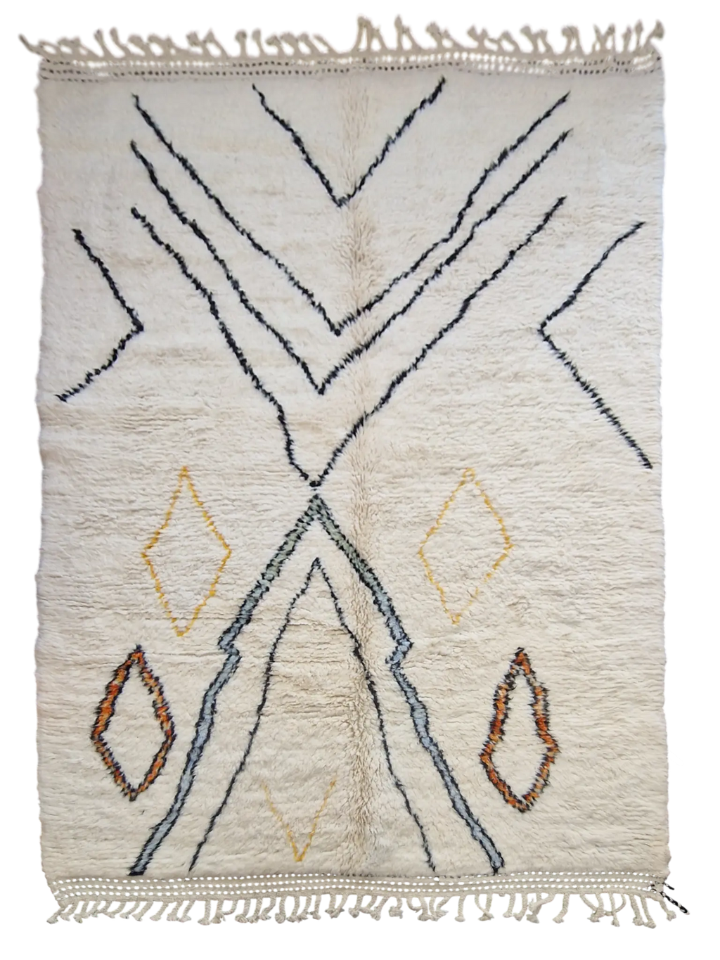 Tapis berbère beni ouarain en laine naturelle, tissé à la main au Maroc. Motifs colorés, douceur épaisse et charme artisanal. Pièce unique et chaleureuse.