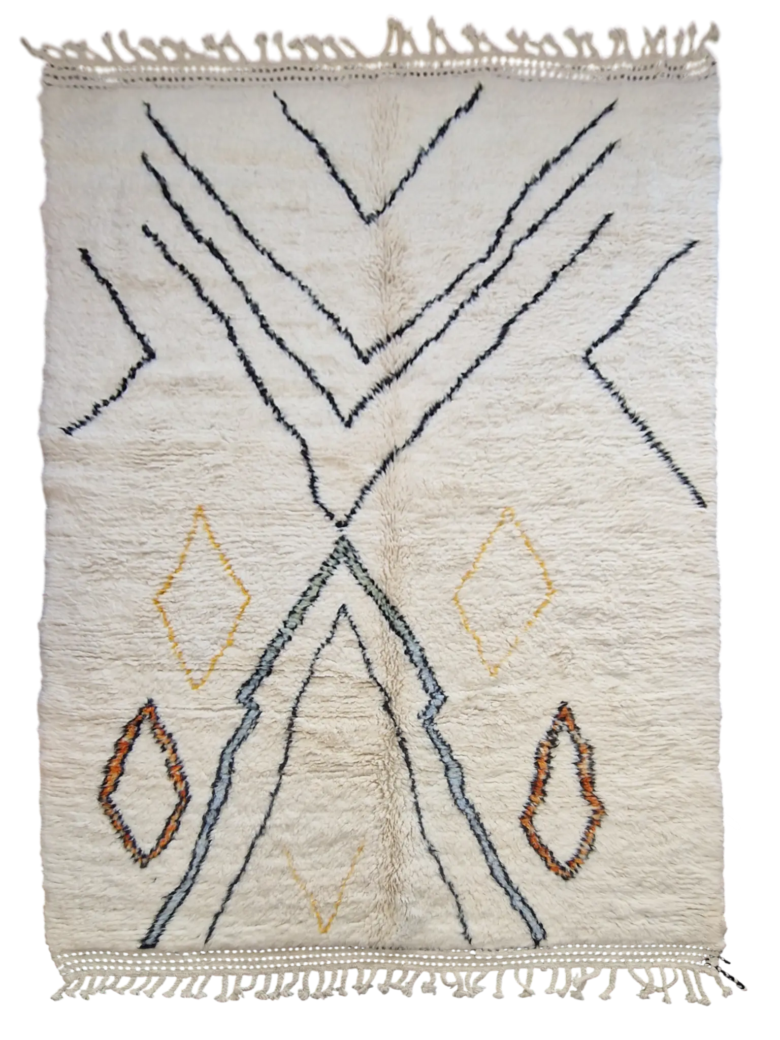 Tapis berbère beni ouarain en laine naturelle, tissé à la main au Maroc. Motifs colorés, douceur épaisse et charme artisanal. Pièce unique et chaleureuse.