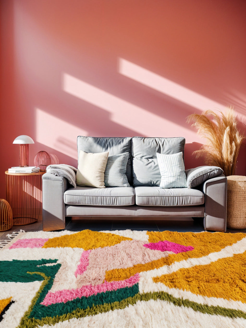 Tapis Berbère traditionnel tissé à la main 100% laine aux motifs coloré modern, idéal pour une décoration coconing et chaleureuse