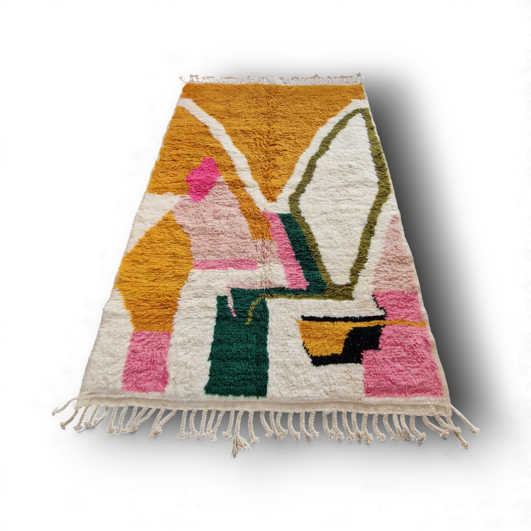 Tapis Berbère traditionnel tissé à la main 100% laine aux motifs coloré modern, idéal pour une décoration coconing et chaleureuse