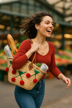 Artisanat marocain, cabas panier tressé en feuille de palmier avec des broderies de cerises, idéal comme cabas ou panier pour faire les courses