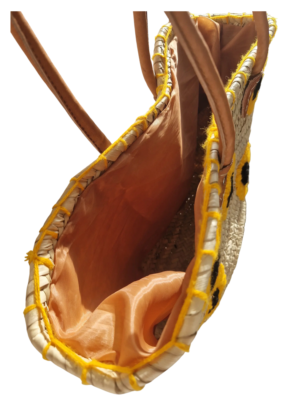 Panier Marocain Artisanal en Palmier – Brodé de Tournesols, fait main