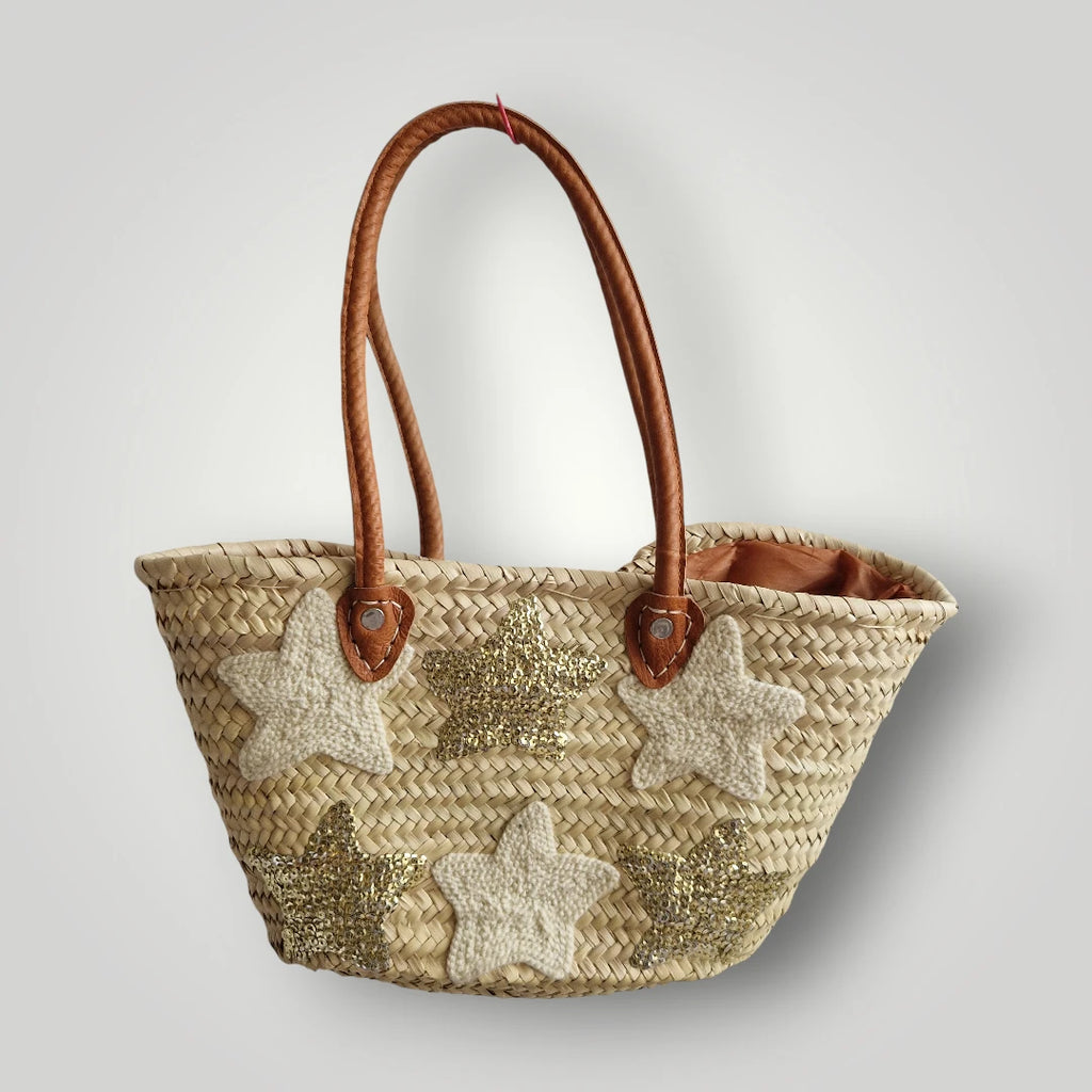 Panier cabas tressé à la main avec des feuilles de palmier et brodé. Artisanat marocain, idéal pour aller au marché, à la plage, en sac de ville. 