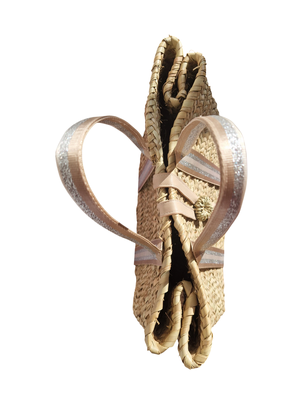 Sac Cabas en Palmier – Sangles beige argent et Blanc & Pompon Cuir, tressé à la main, pour un style chic bohème, artisanat marocain