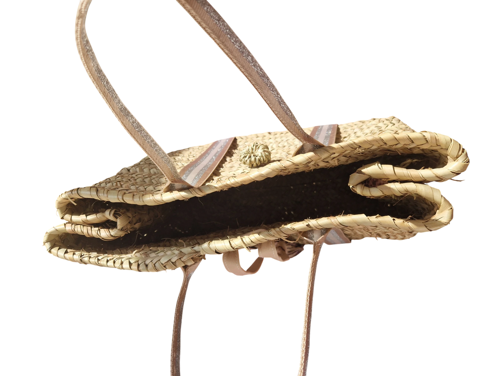 Sac Cabas en Palmier – Sangles beige argent et Blanc & Pompon Cuir, tressé à la main, pour un style chic bohème, artisanat marocain