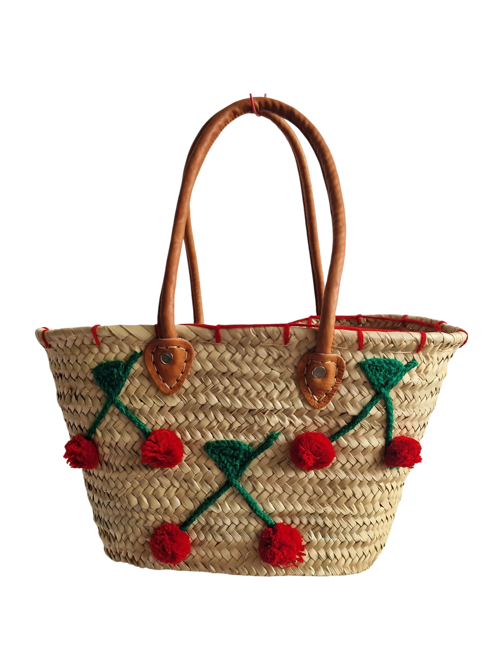 Artisanat marocain, cabas panier tressé en feuille de palmier avec des broderies de cerises