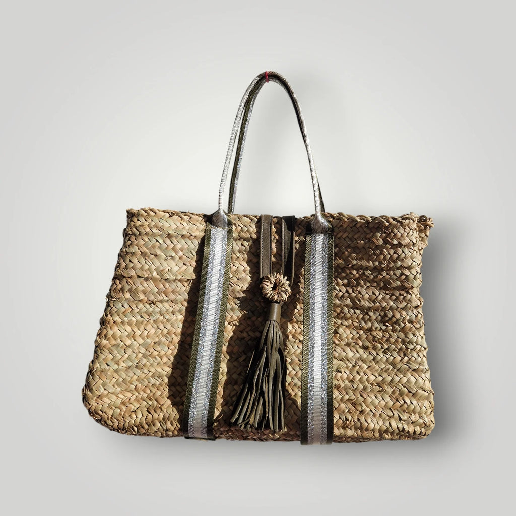 Sac Cabas en Feuille de Palmier – Sangles Rayées Kaki, Argent et Blanc, l'élégance fait main, artisanat marocain