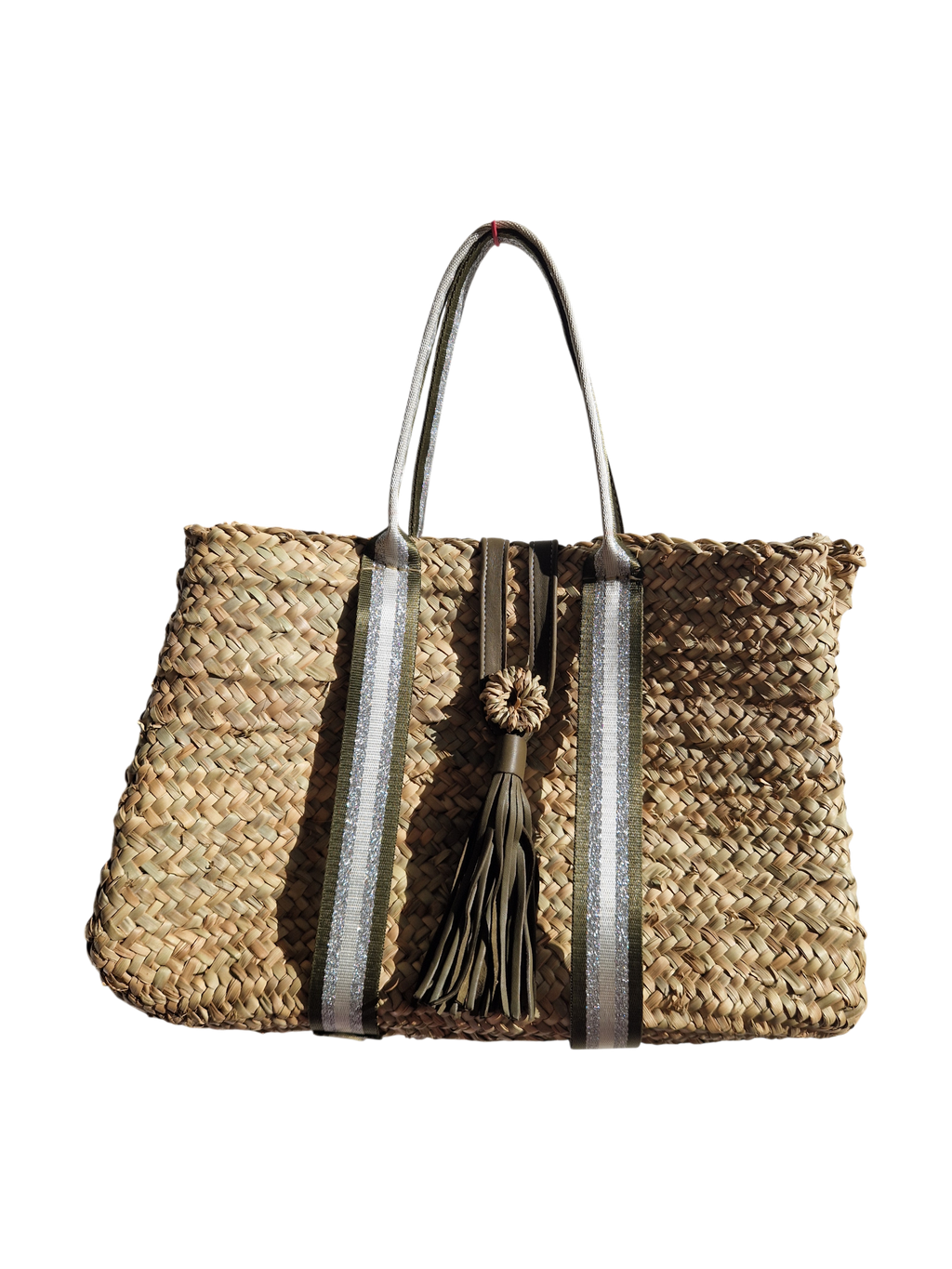 Sac Cabas en Feuille de Palmier – Sangles Rayées Kaki, Argent et Blanc, l'élégance fait main, artisanat marocain