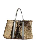 Sac Cabas en Feuille de Palmier – Sangles Rayées Kaki, Argent et Blanc, l'élégance fait main, artisanat marocain