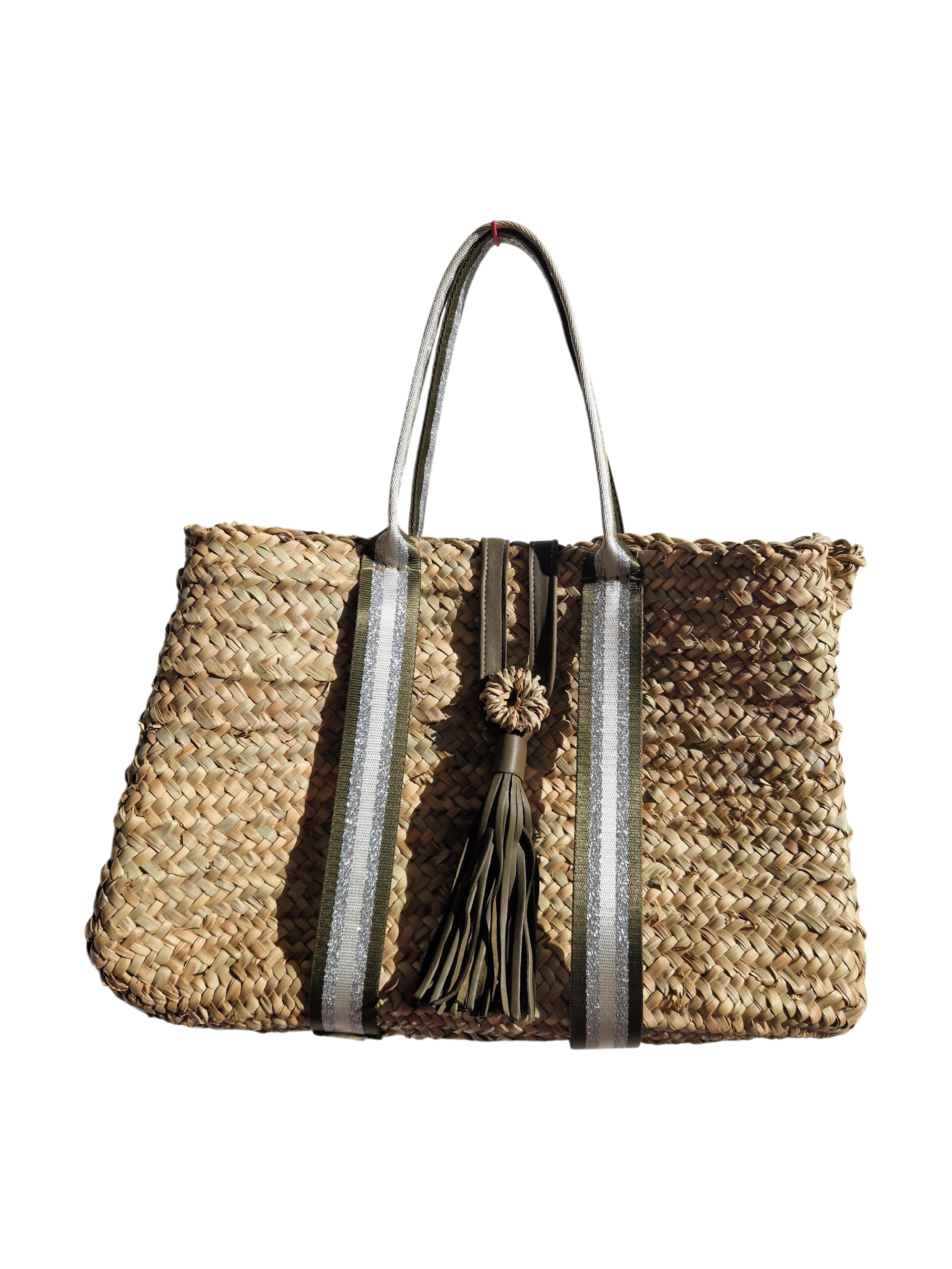 Sac Cabas en Feuille de Palmier – Sangles Rayées Kaki, Argent et Blanc, l'élégance fait main, artisanat marocain