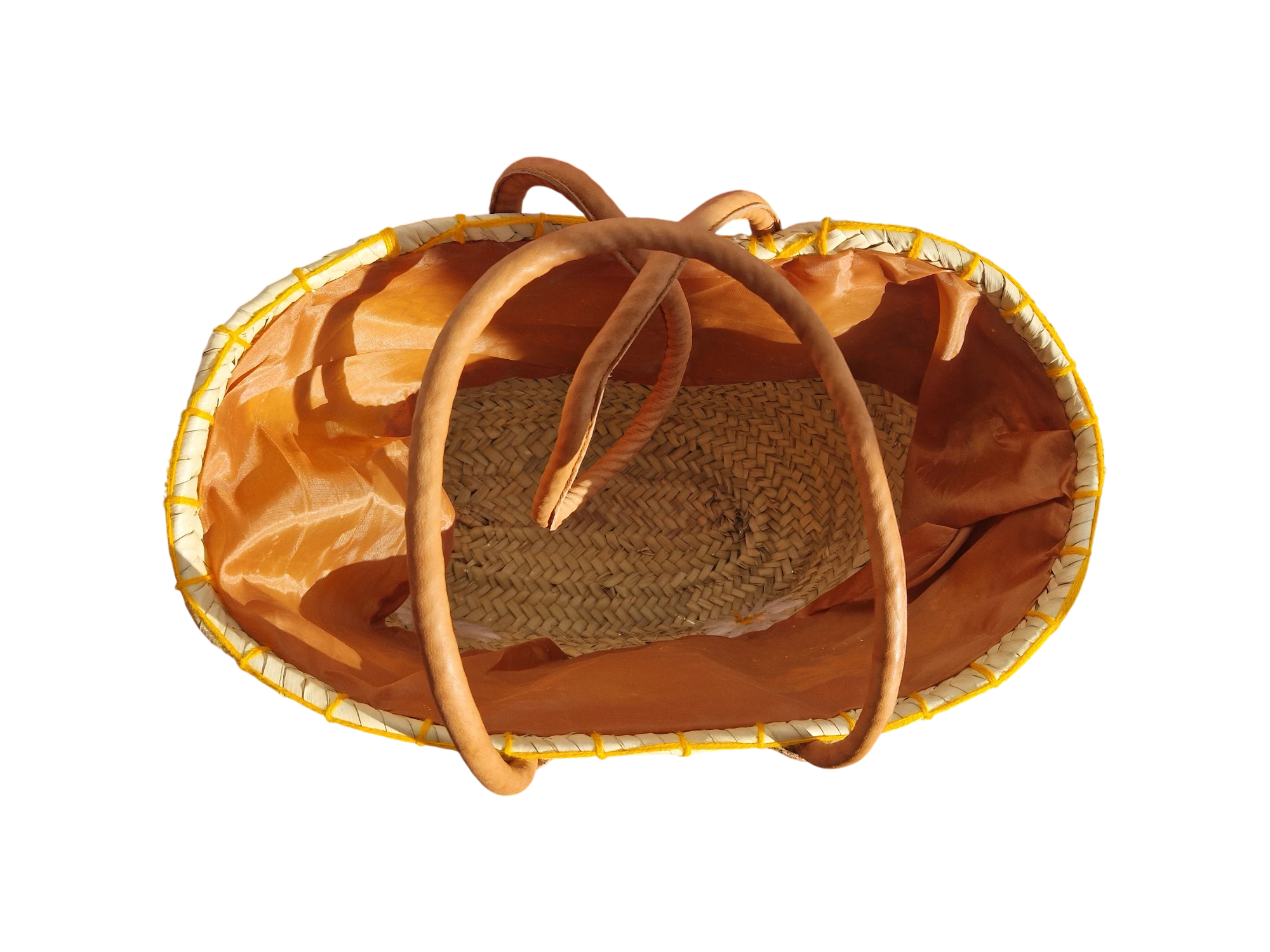 panier cabas artisanal en feuille de palmier brodé de marguerites, fait main