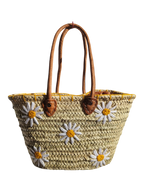 panier cabas artisanal en feuille de palmier brodé de marguerites, fait main