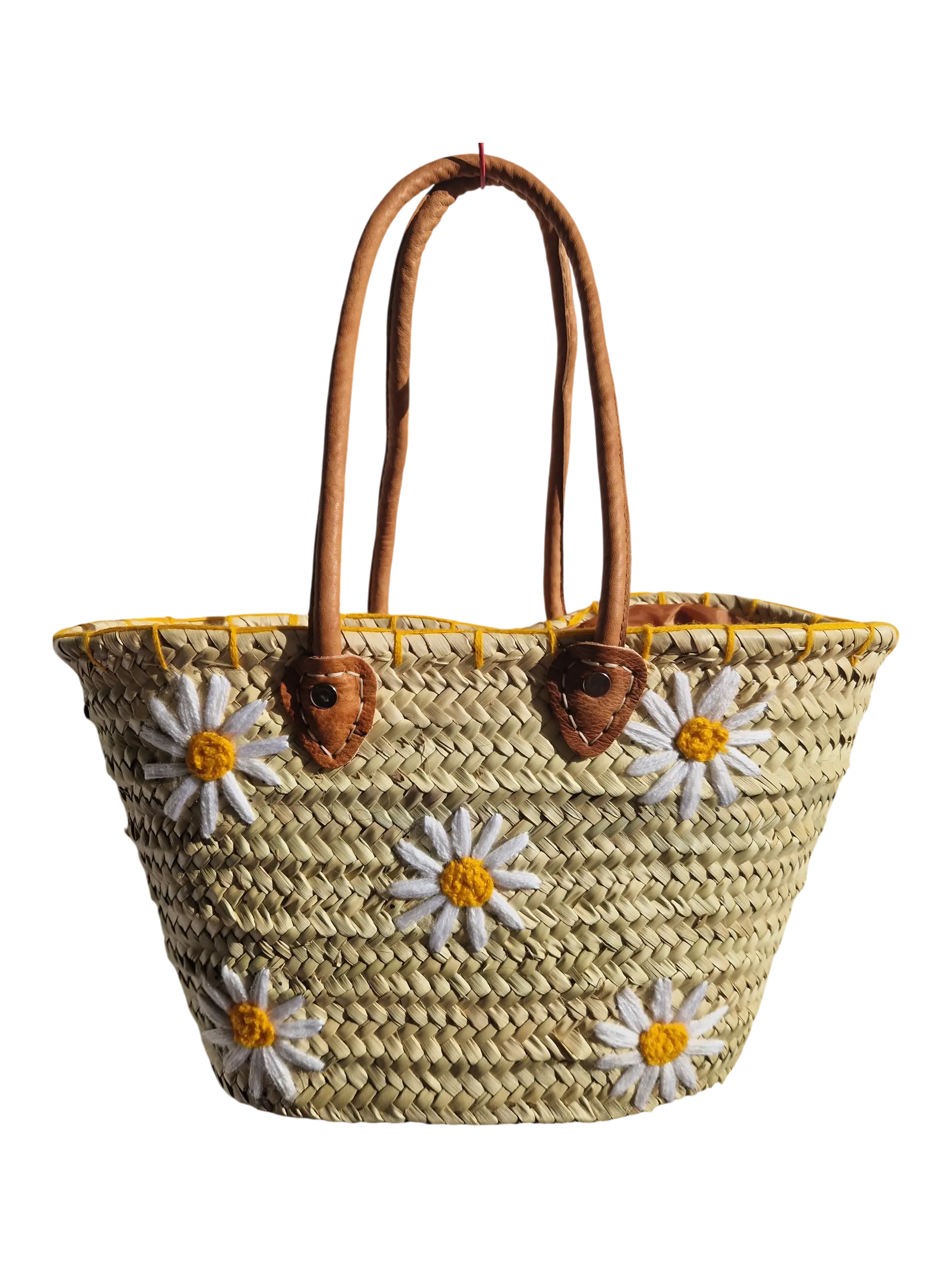 panier cabas artisanal en feuille de palmier brodé de marguerites, fait main