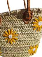 panier cabas artisanal en feuille de palmier brodé de fleurs jaunes, fait main, artisanat marocain