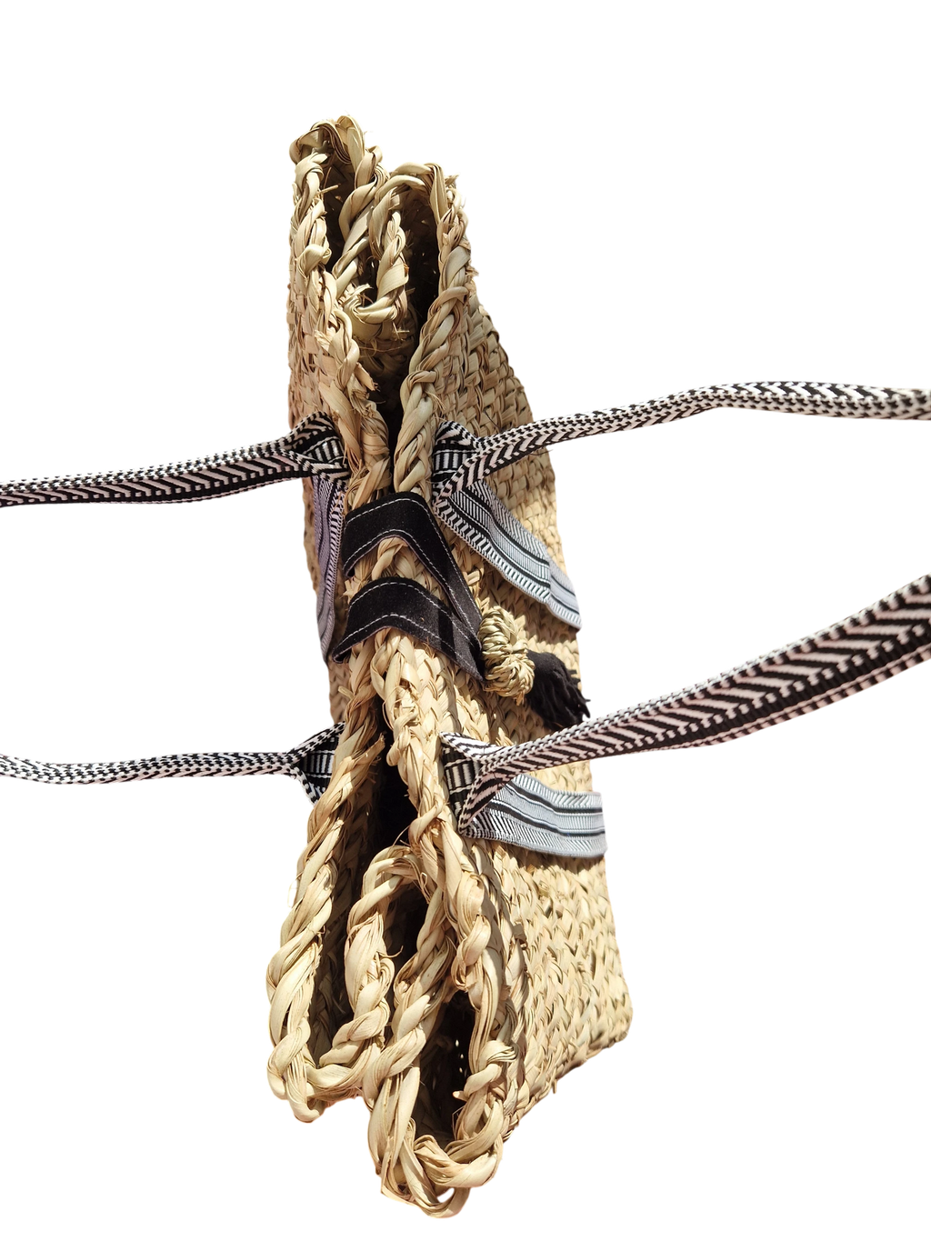 Sac Cabas en Palmier – Sangles noire et  Blanc & Pompon Cuir, tressé à la main, pour un style chic bohème, artisanat marocain