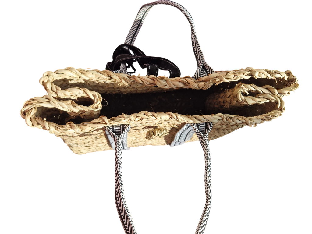 Sac Cabas en Palmier – Sangles noire et  Blanc & Pompon Cuir, tressé à la main, pour un style chic bohème, artisanat marocain