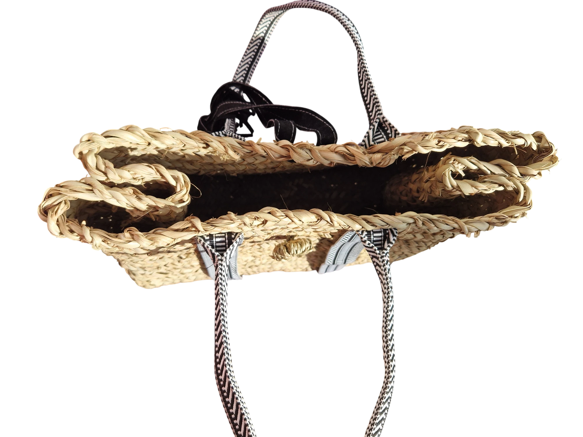 Sac Cabas en Palmier – Sangles noire et  Blanc & Pompon Cuir, tressé à la main, pour un style chic bohème, artisanat marocain