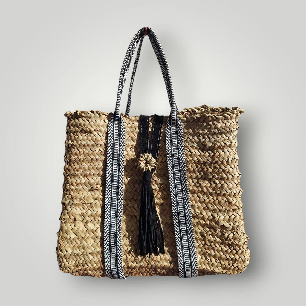 Sac Cabas en Palmier – Sangles noire et  Blanc & Pompon Cuir, tressé à la main, pour un style chic bohème, artisanat marocain