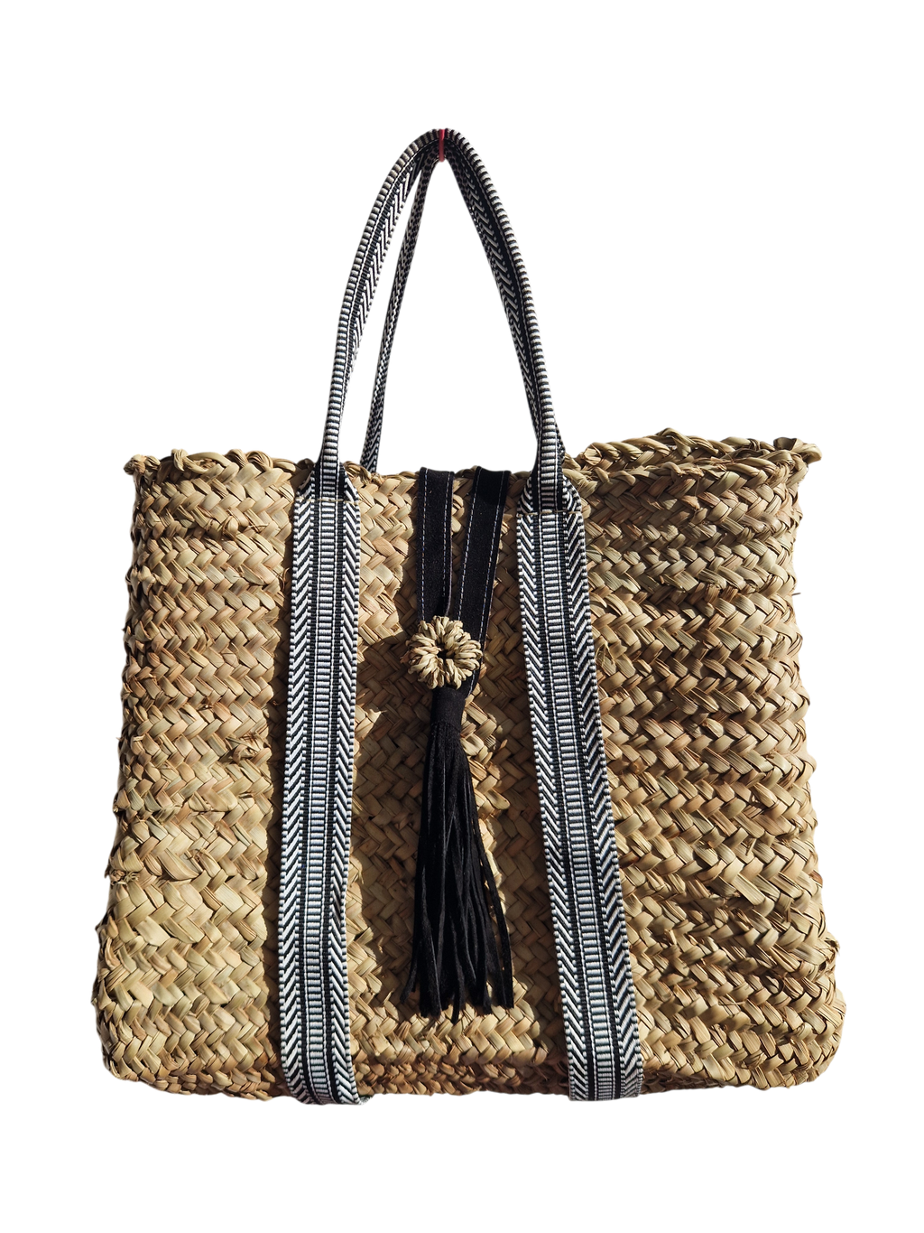 Sac Cabas en Palmier – Sangles noire et  Blanc & Pompon Cuir, tressé à la main, pour un style chic bohème, artisanat marocain
