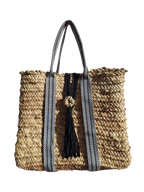 Sac Cabas en Palmier – Sangles noire et  Blanc & Pompon Cuir, tressé à la main, pour un style chic bohème, artisanat marocain