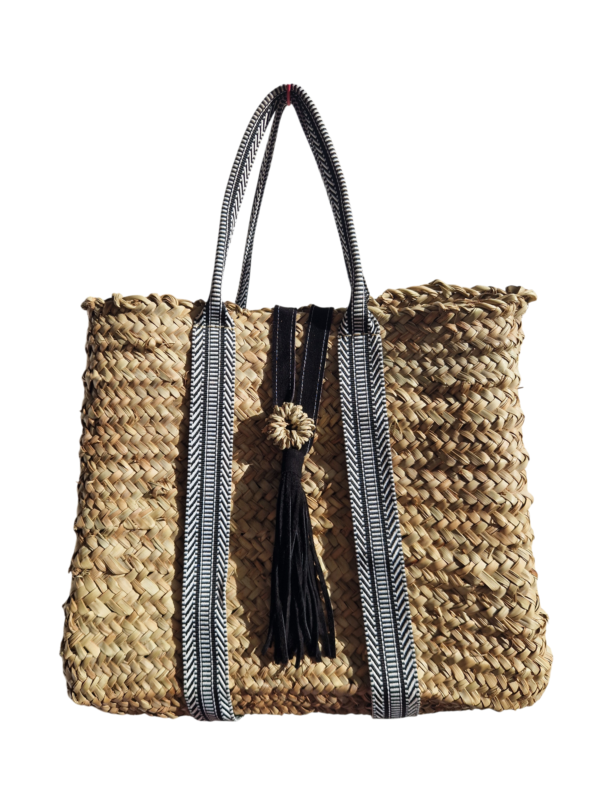 Sac Cabas en Palmier – Sangles noire et  Blanc & Pompon Cuir, tressé à la main, pour un style chic bohème, artisanat marocain